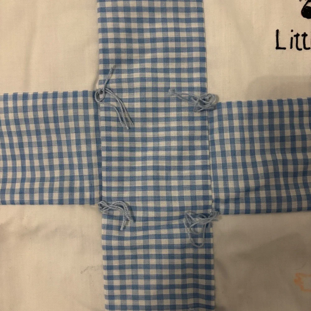 Vintage Nursery Rhyme Crib Quilt Hand Painted Gingham Blue White 12 Panel